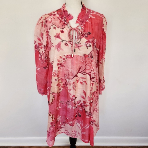 Chufy La Dolce Vita Mini Dress Pink Flowy Floral Cotton Silk Blend Lightweight S
